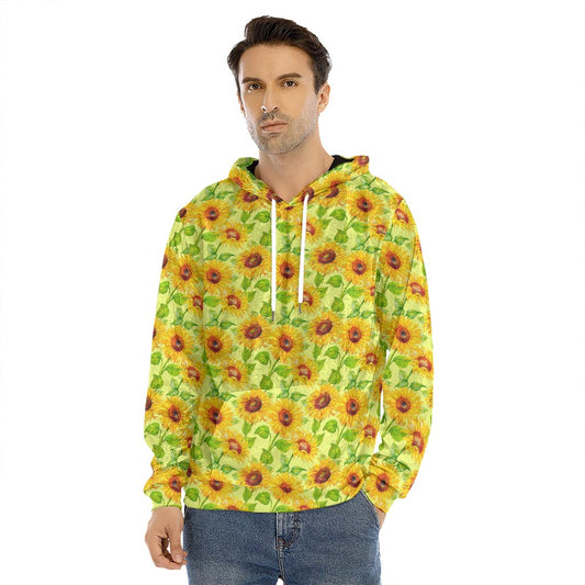 Beige Watercolor Sunflower Pattern Print Men's Velvet Pullover Hoodie