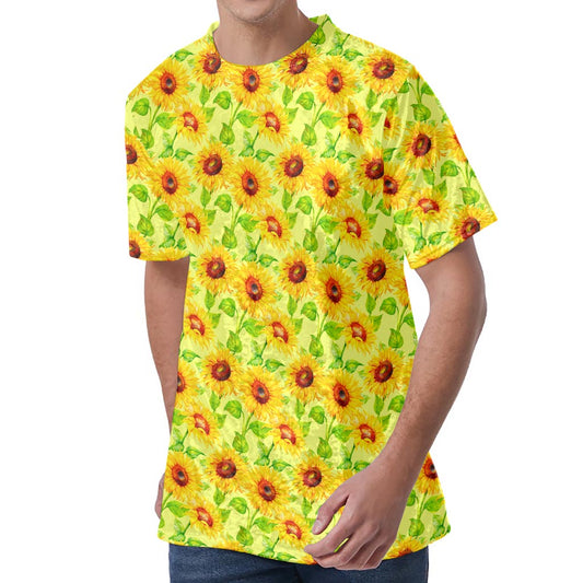 Beige Watercolor Sunflower Pattern Print Men's Velvet T-Shirt