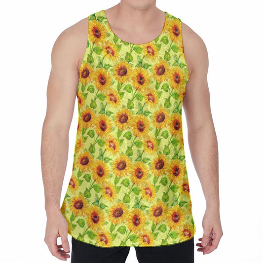 Beige Watercolor Sunflower Pattern Print Men's Velvet Tank Top