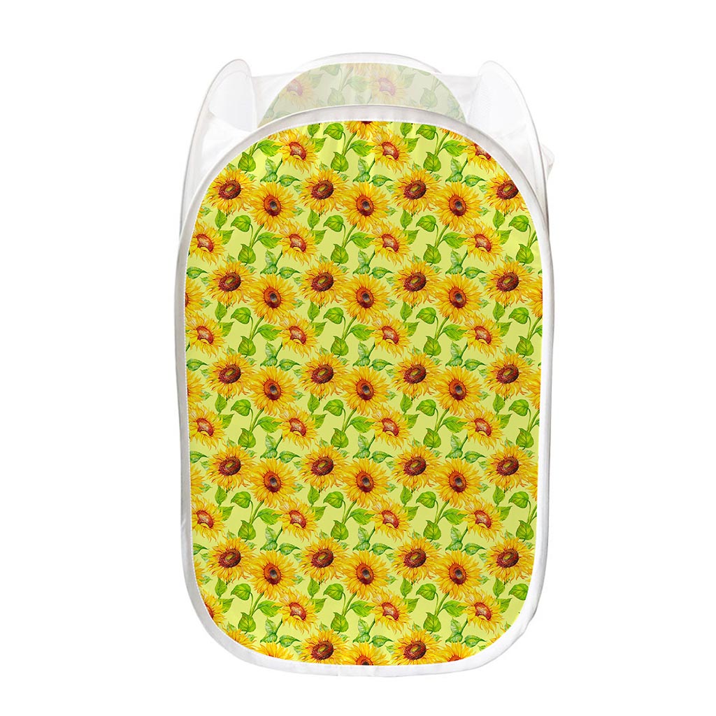 Beige Watercolor Sunflower Pattern Print Mesh Laundry Hamper