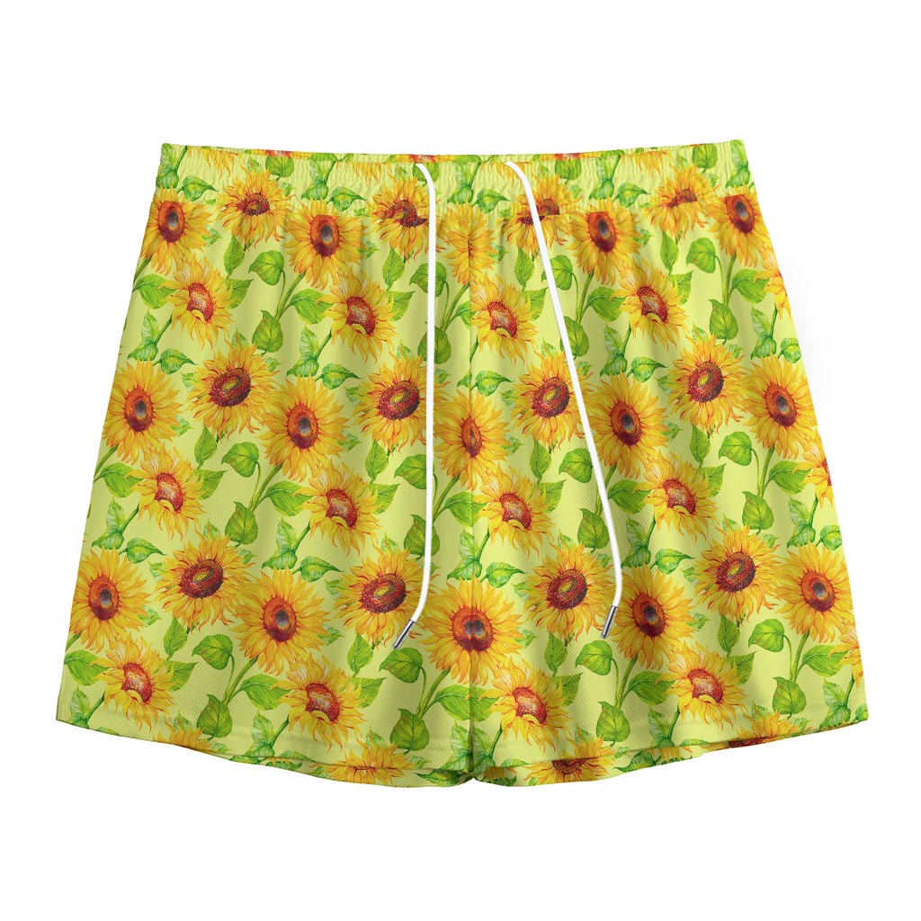 Beige Watercolor Sunflower Pattern Print Mesh Shorts