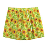 Beige Watercolor Sunflower Pattern Print Mesh Shorts