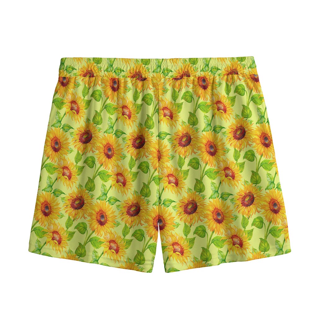 Beige Watercolor Sunflower Pattern Print Mesh Shorts