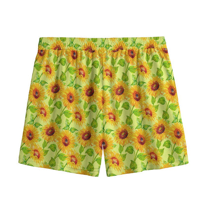 Beige Watercolor Sunflower Pattern Print Mesh Shorts