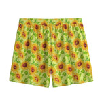 Beige Watercolor Sunflower Pattern Print Mesh Shorts