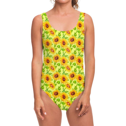 Beige Watercolor Sunflower Pattern Print One Piece Swimsuit