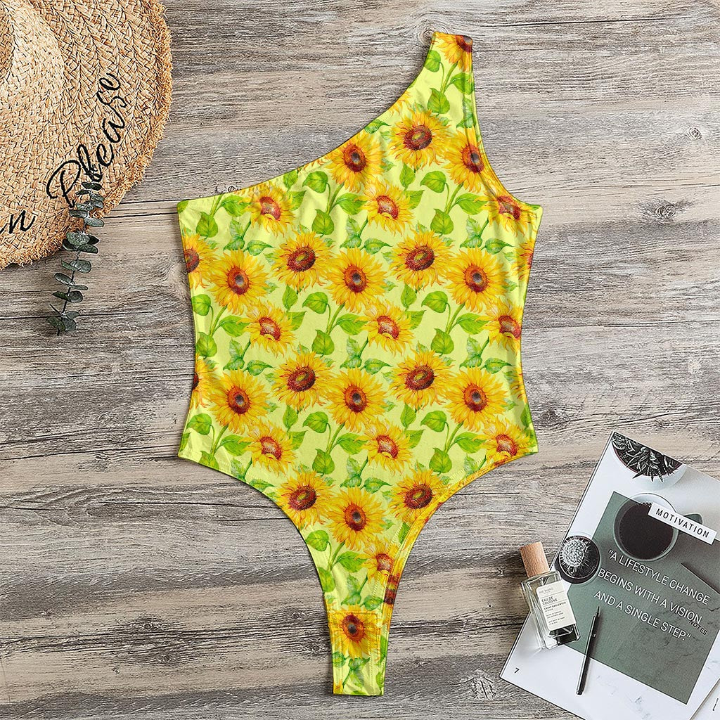 Beige Watercolor Sunflower Pattern Print One Shoulder Bodysuit