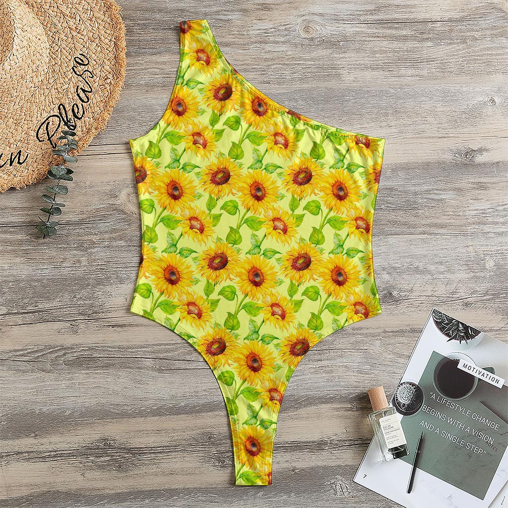 Beige Watercolor Sunflower Pattern Print One Shoulder Bodysuit