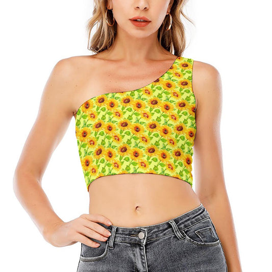 Beige Watercolor Sunflower Pattern Print One Shoulder Crop Top
