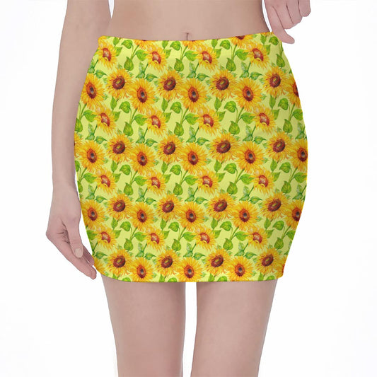 Beige Watercolor Sunflower Pattern Print Pencil Mini Skirt