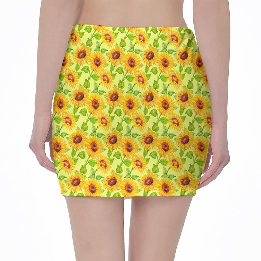 Beige Watercolor Sunflower Pattern Print Pencil Mini Skirt