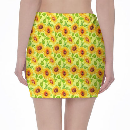 Beige Watercolor Sunflower Pattern Print Pencil Mini Skirt