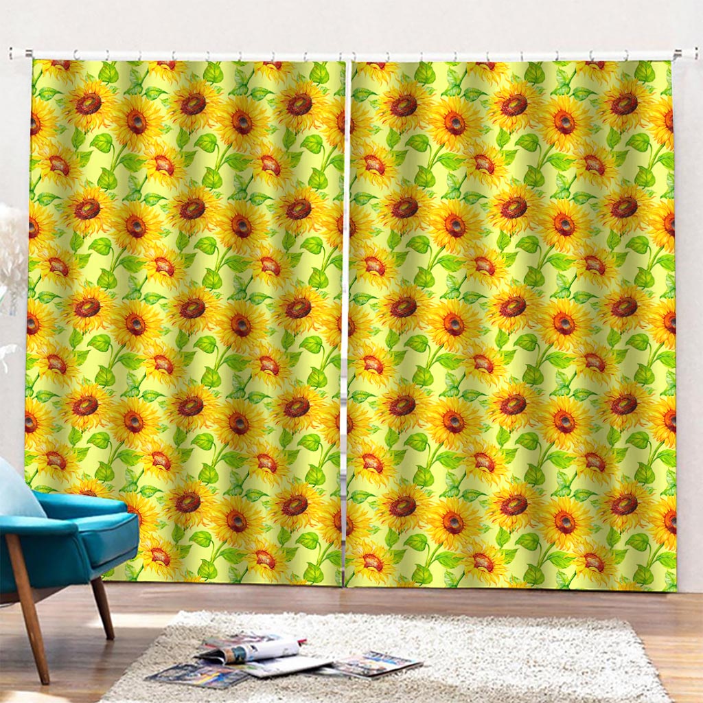 Beige Watercolor Sunflower Pattern Print Pencil Pleat Curtains