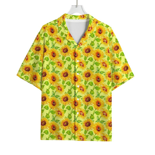 Beige Watercolor Sunflower Pattern Print Rayon Hawaiian Shirt