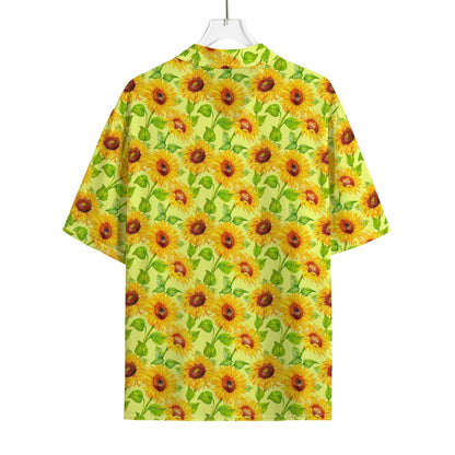 Beige Watercolor Sunflower Pattern Print Rayon Hawaiian Shirt