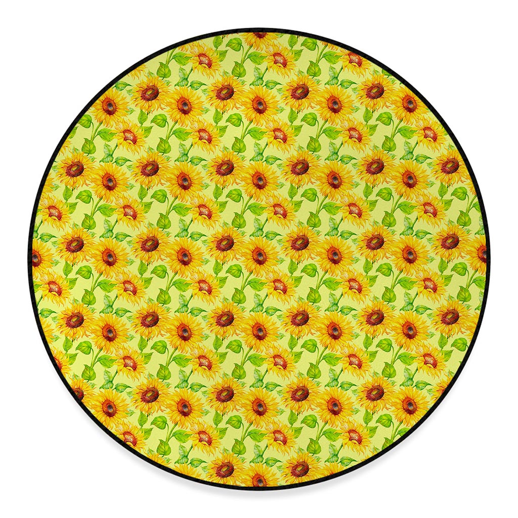 Beige Watercolor Sunflower Pattern Print Round Floor Mat