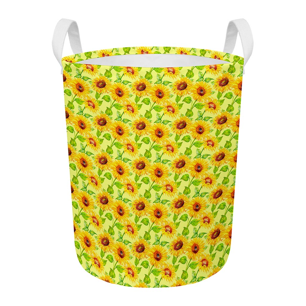 Beige Watercolor Sunflower Pattern Print Round Laundry Basket