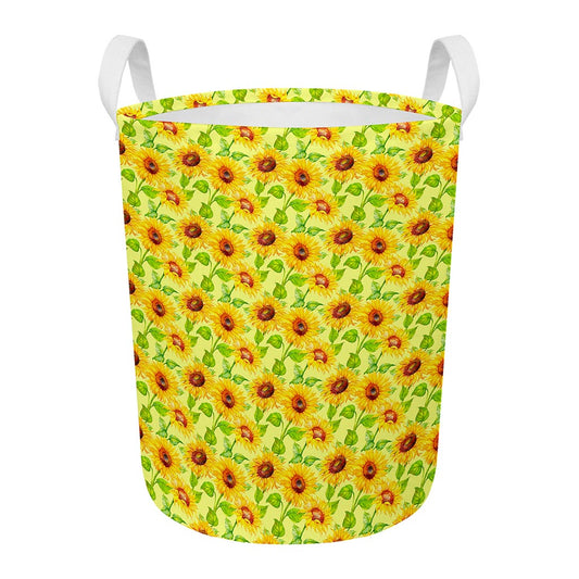 Beige Watercolor Sunflower Pattern Print Round Laundry Basket