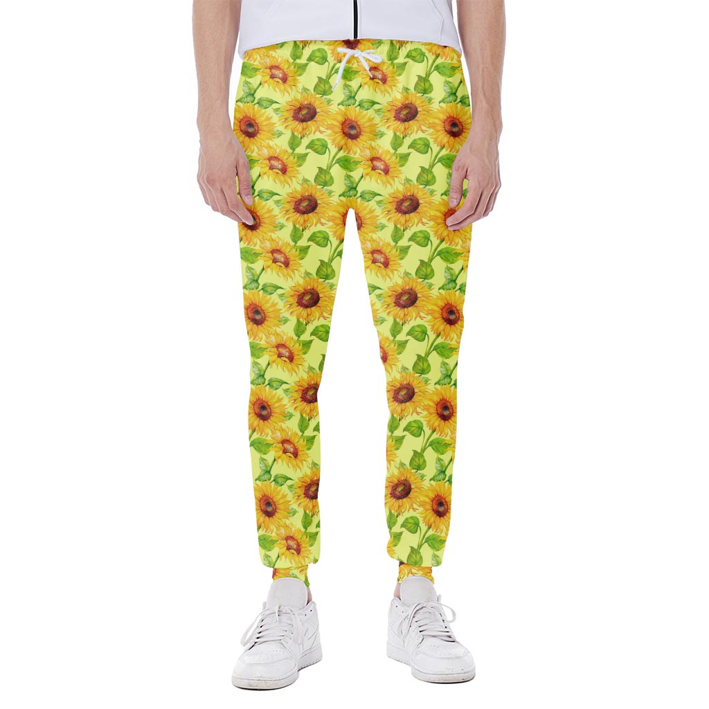 Beige Watercolor Sunflower Pattern Print Scuba Joggers