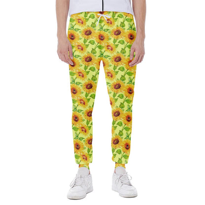 Beige Watercolor Sunflower Pattern Print Scuba Joggers