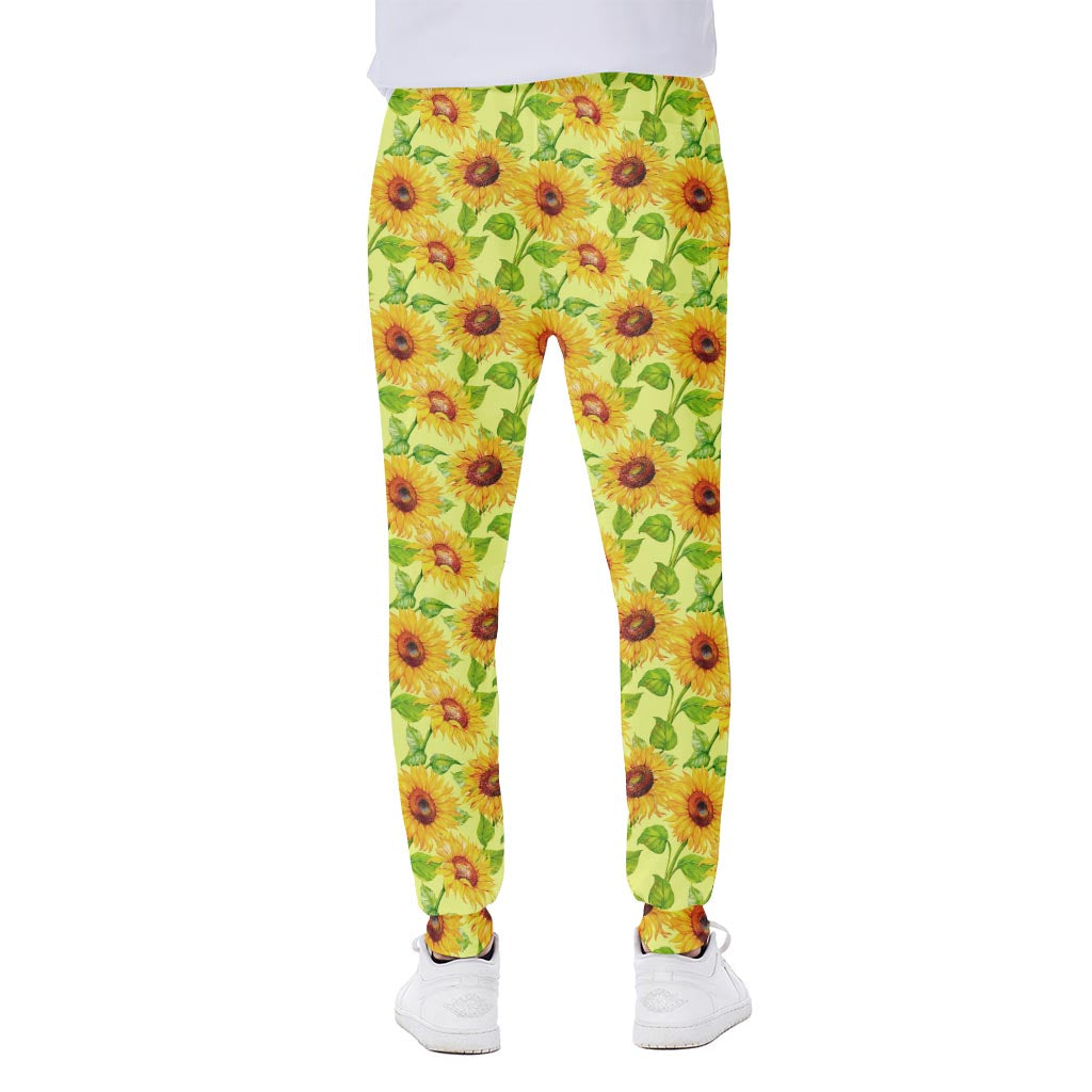 Beige Watercolor Sunflower Pattern Print Scuba Joggers