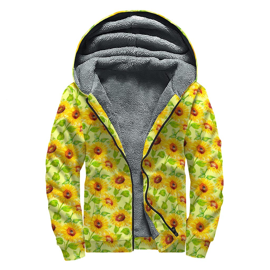 Beige Watercolor Sunflower Pattern Print Sherpa Lined Zip Up Hoodie