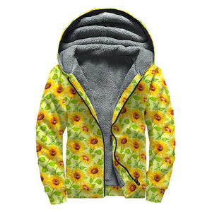 Beige Watercolor Sunflower Pattern Print Sherpa Lined Zip Up Hoodie