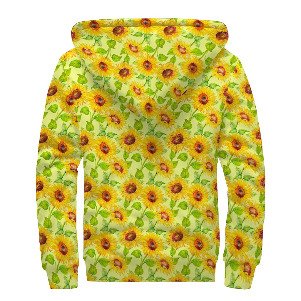 Beige Watercolor Sunflower Pattern Print Sherpa Lined Zip Up Hoodie