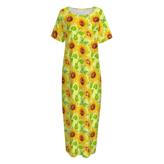 Beige Watercolor Sunflower Pattern Print Short Sleeve Long Nightdress