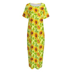 Beige Watercolor Sunflower Pattern Print Short Sleeve Long Nightdress