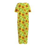 Beige Watercolor Sunflower Pattern Print Short Sleeve Long Nightdress