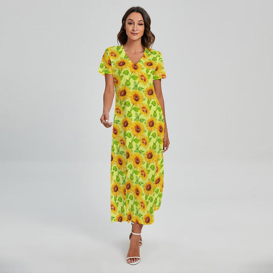 Beige Watercolor Sunflower Pattern Print Short Sleeve Maxi Dress