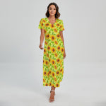 Beige Watercolor Sunflower Pattern Print Short Sleeve Maxi Dress