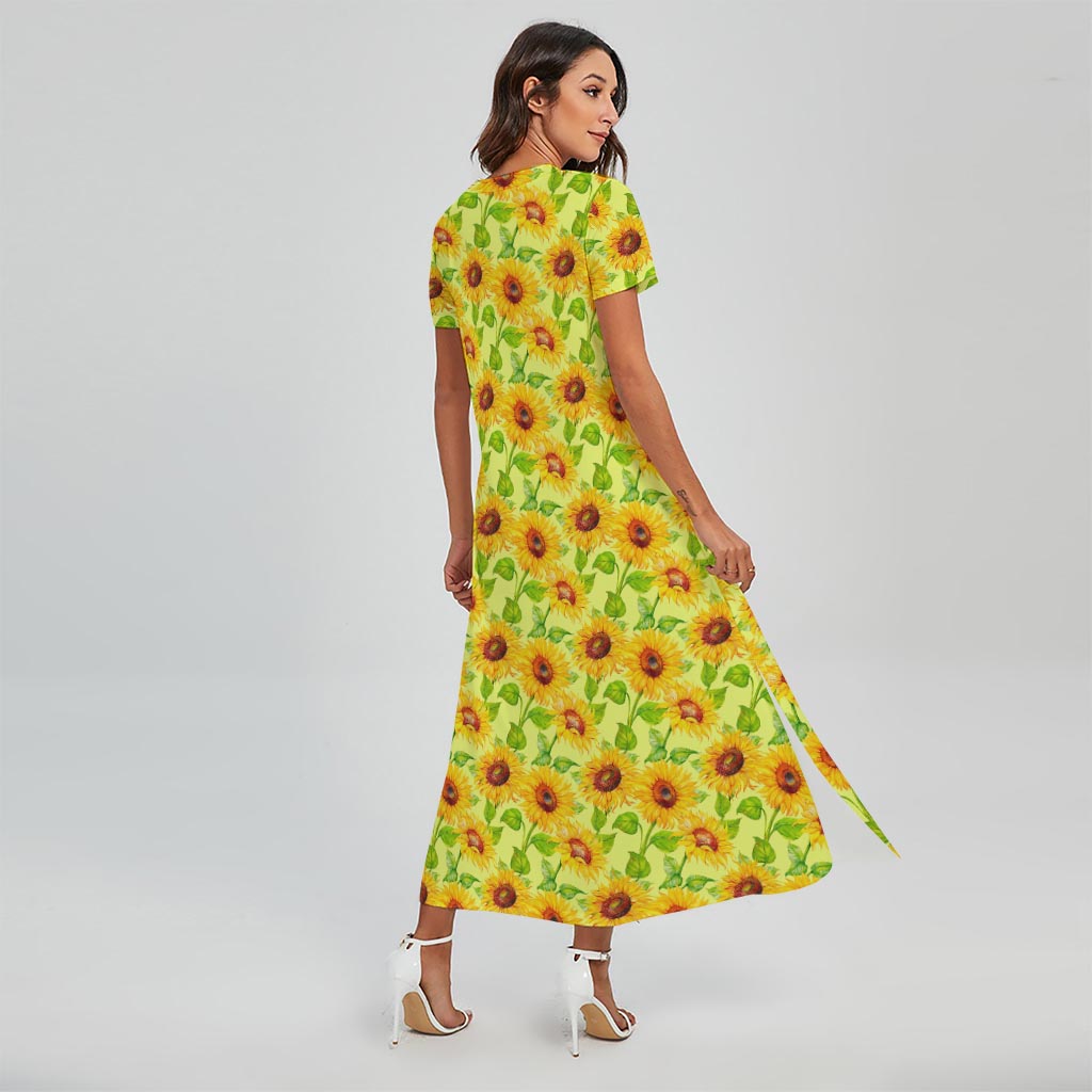Beige Watercolor Sunflower Pattern Print Short Sleeve Maxi Dress