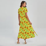 Beige Watercolor Sunflower Pattern Print Short Sleeve Maxi Dress