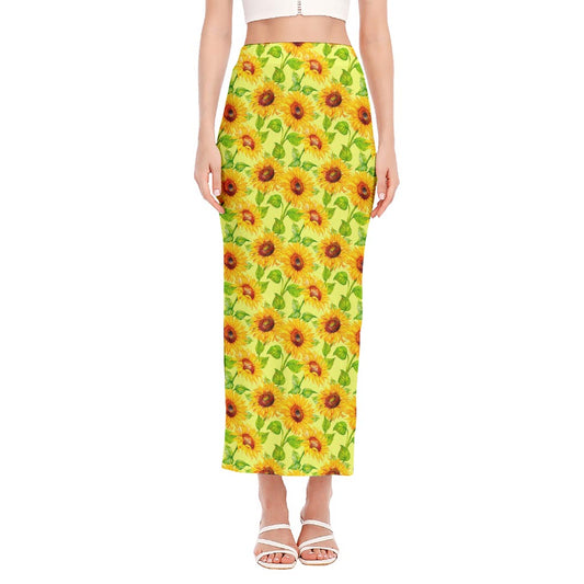 Beige Watercolor Sunflower Pattern Print Side Slit Maxi Skirt