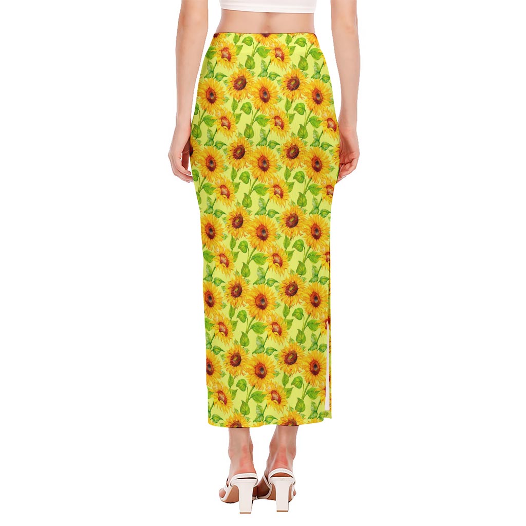 Beige Watercolor Sunflower Pattern Print Side Slit Maxi Skirt