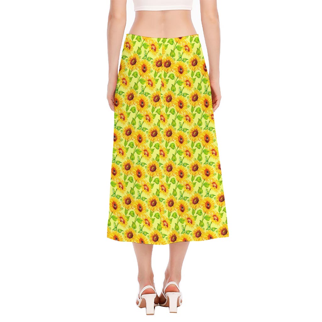 Beige Watercolor Sunflower Pattern Print Side Slit Midi Skirt