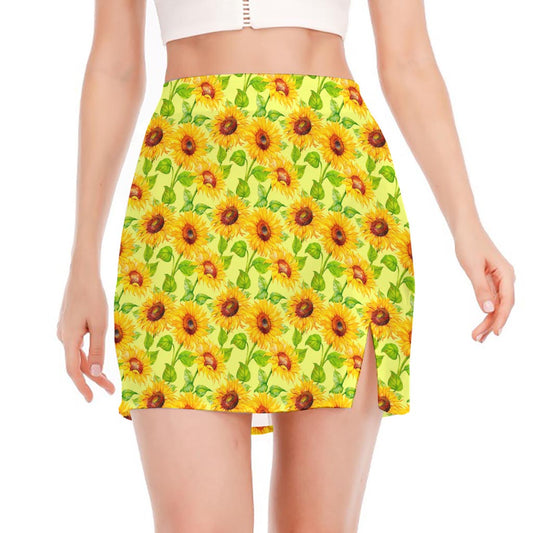 Beige Watercolor Sunflower Pattern Print Side Slit Mini Skirt