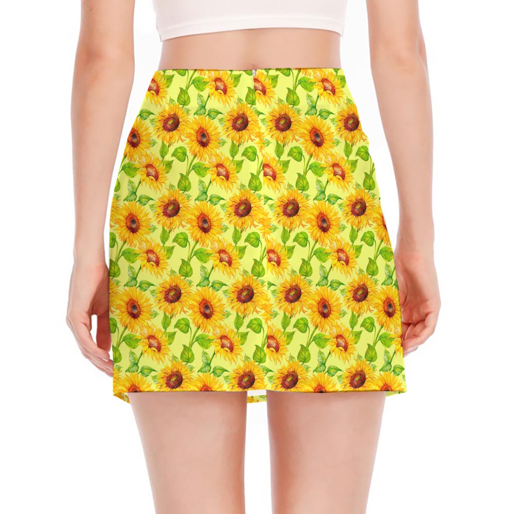 Beige Watercolor Sunflower Pattern Print Side Slit Mini Skirt