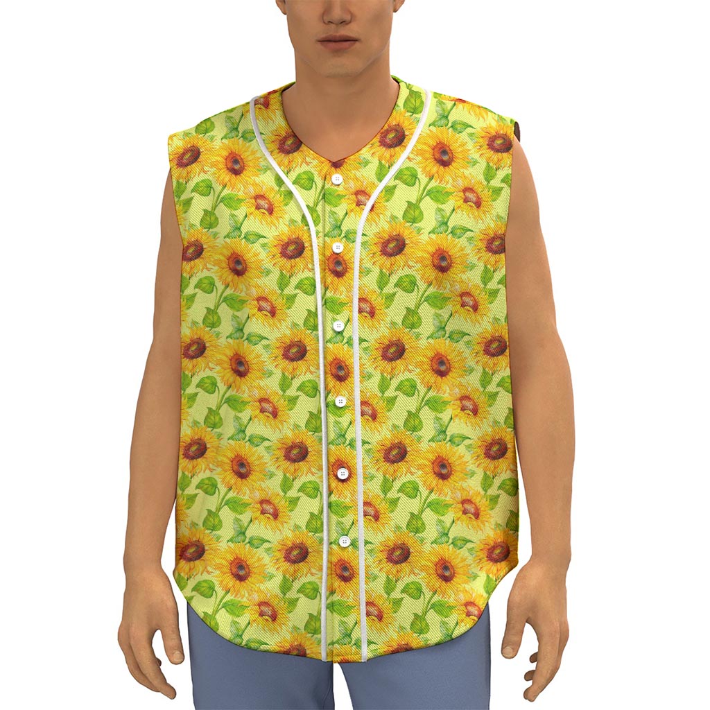 Beige Watercolor Sunflower Pattern Print Sleeveless Baseball Jersey
