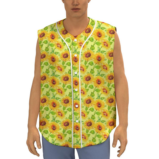 Beige Watercolor Sunflower Pattern Print Sleeveless Baseball Jersey