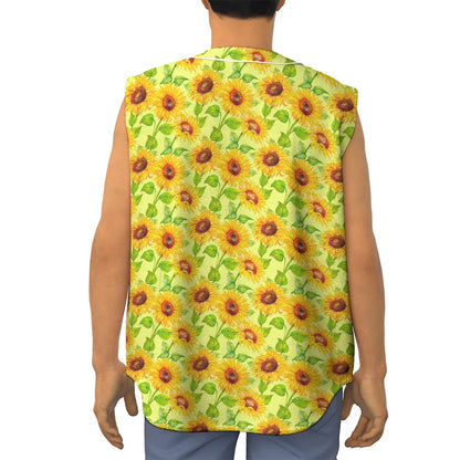 Beige Watercolor Sunflower Pattern Print Sleeveless Baseball Jersey