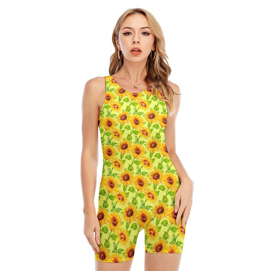 Beige Watercolor Sunflower Pattern Print Sleeveless One Piece Swimsuit