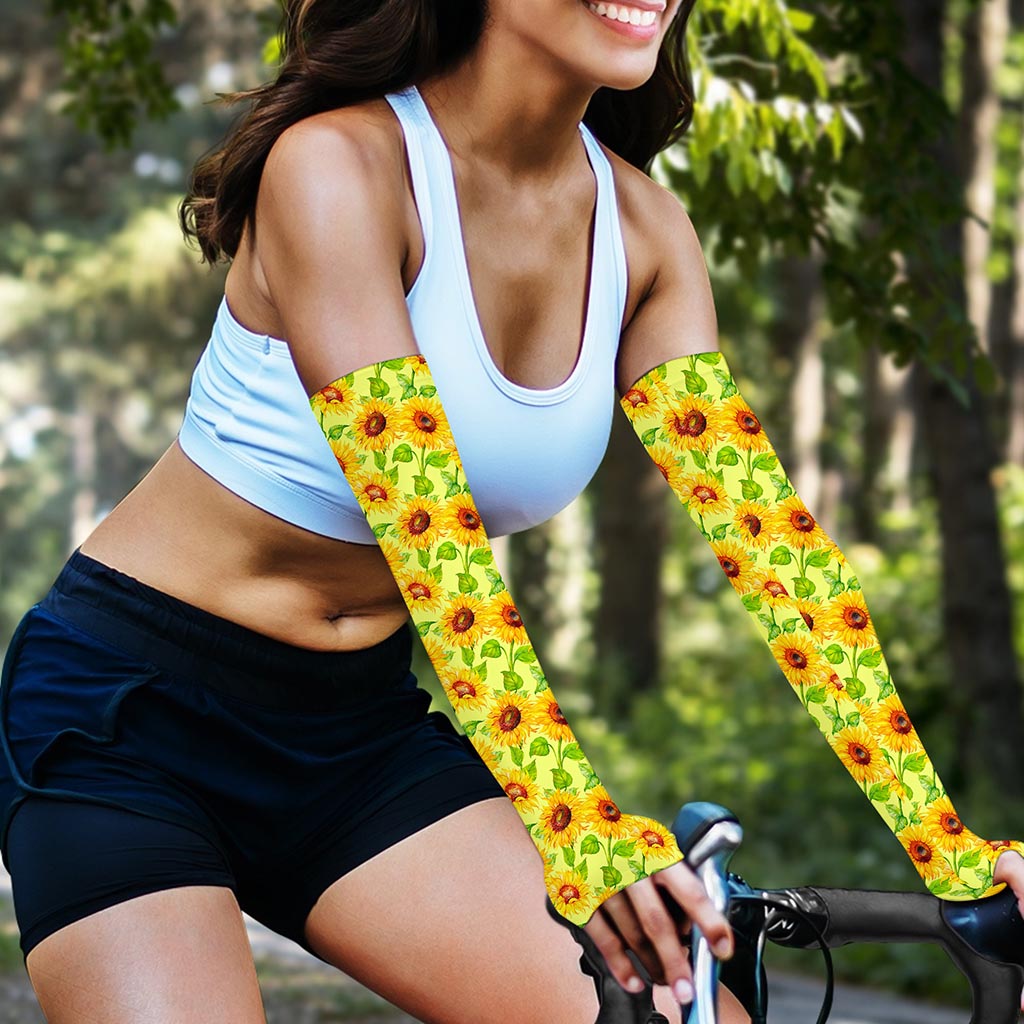 Beige Watercolor Sunflower Pattern Print Sun Protection Arm Sleeves