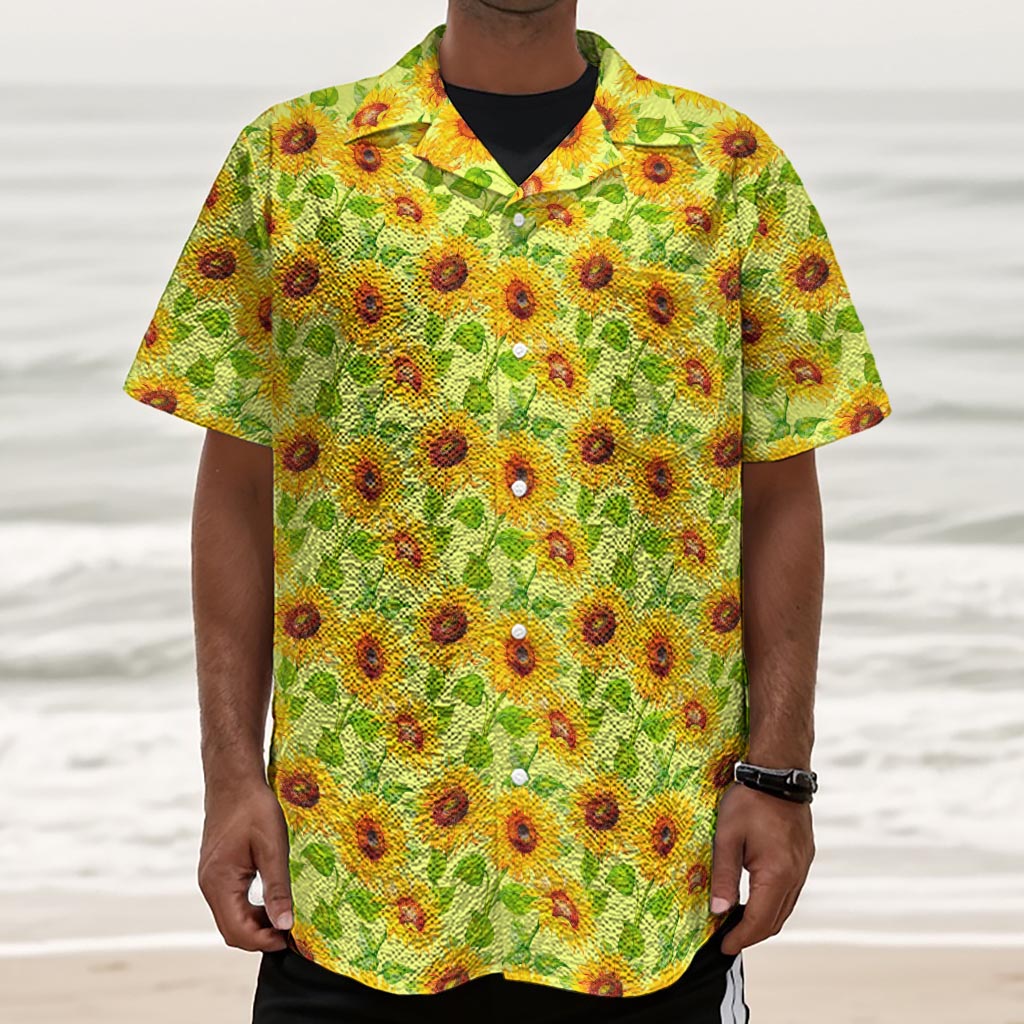 Beige Watercolor Sunflower Pattern Print Textured Short Sleeve Shirt