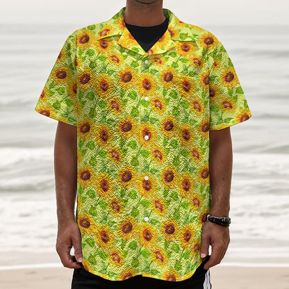 Beige Watercolor Sunflower Pattern Print Textured Short Sleeve Shirt