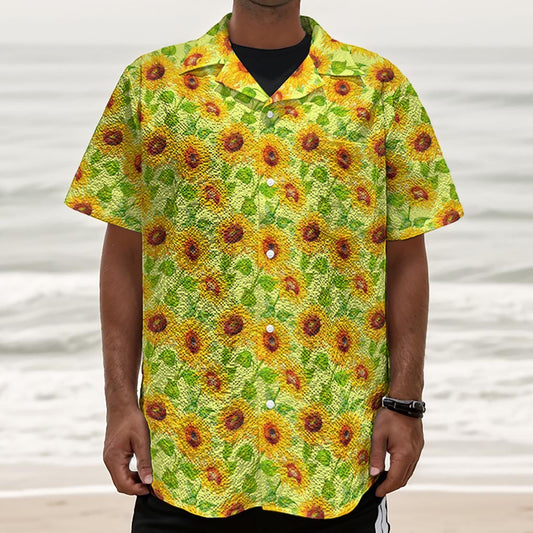 Beige Watercolor Sunflower Pattern Print Textured Short Sleeve Shirt