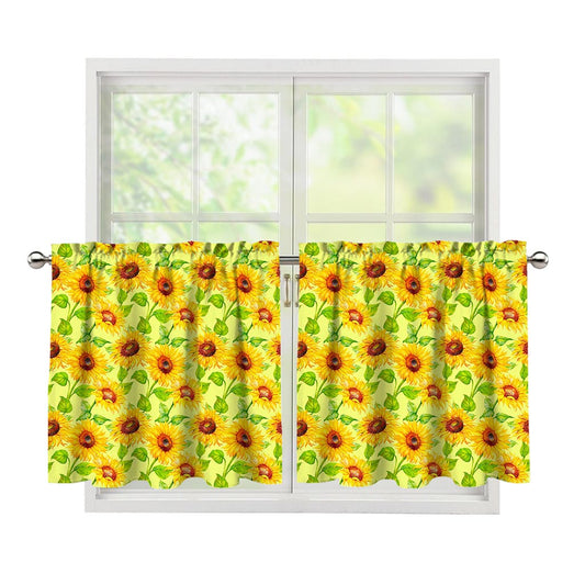 Beige Watercolor Sunflower Pattern Print Tier Curtains