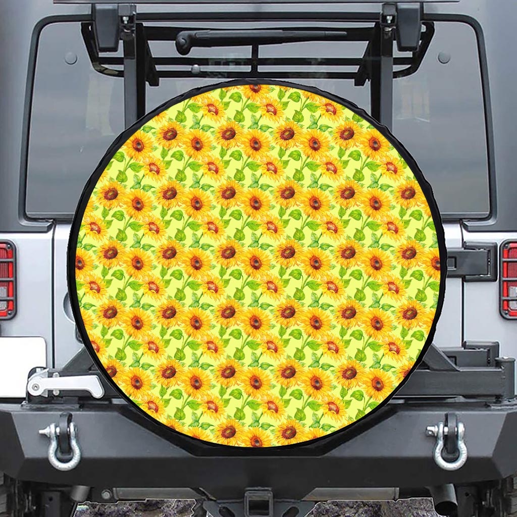 Beige Watercolor Sunflower Pattern Print Tire Cover